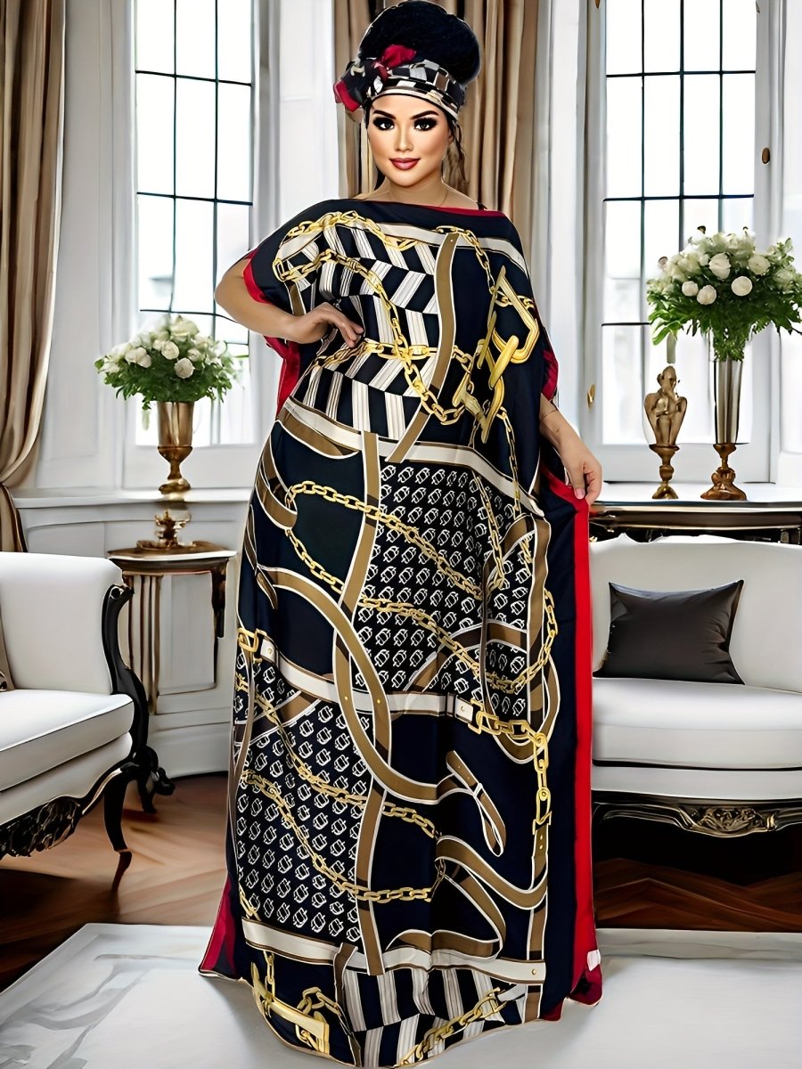 Plus Size Women's Colorblock Geometric Print Maxi Kaftan – Batwing Sleeve, Round Neck, Modest Dress - Free Delivery Worldwide only at Flexi Africa