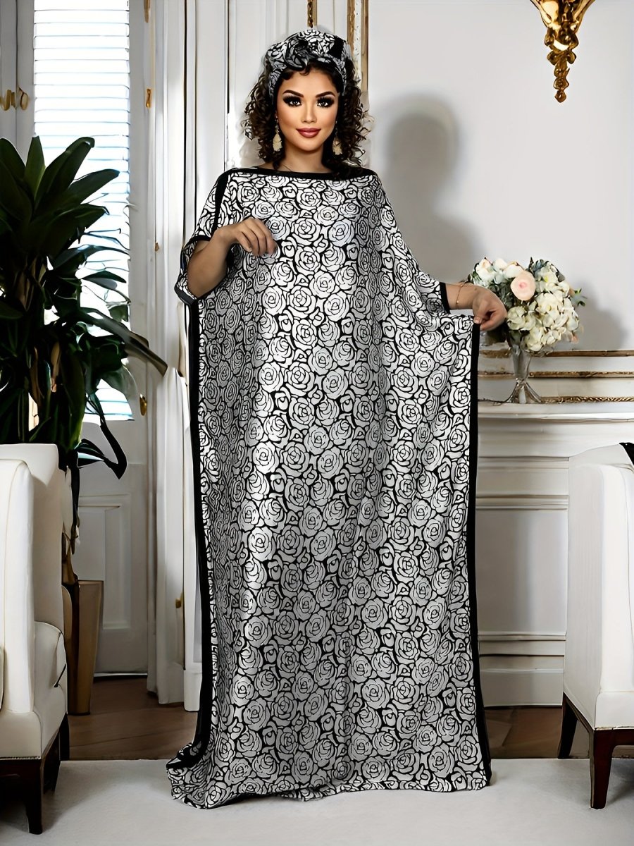 Plus Size Women's Colorblock Geometric Print Maxi Kaftan – Batwing Sleeve, Round Neck, Modest Dress - Free Delivery Worldwide only at Flexi Africa