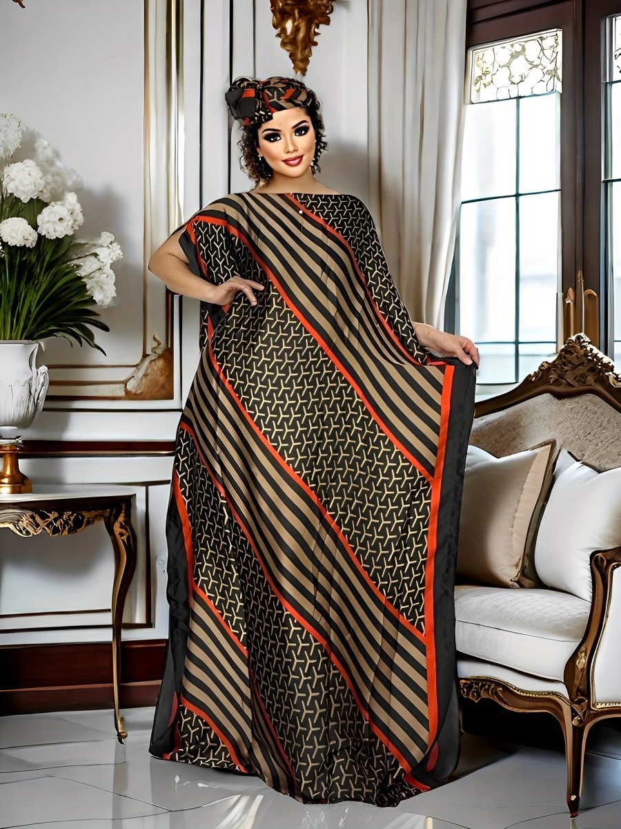 Plus Size Women's Colorblock Geometric Print Maxi Kaftan – Batwing Sleeve, Round Neck, Modest Dress - Free Delivery Worldwide only at Flexi Africa