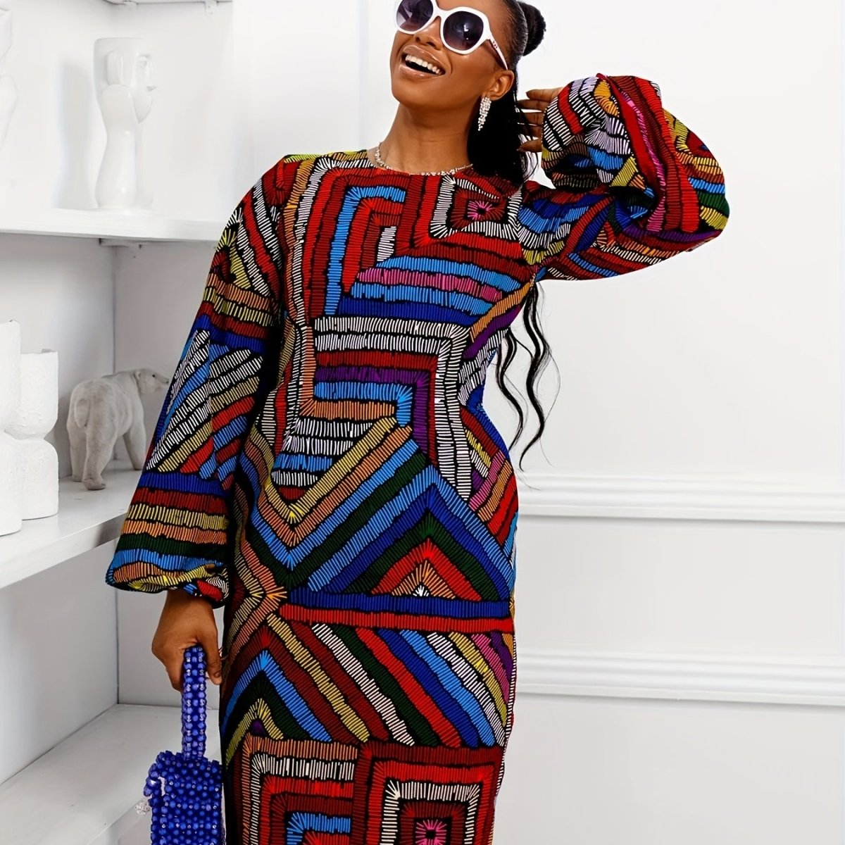 Plus Size Women's Geometric Print Dress - Casual Long Sleeve, Round Neck- Free Delivery Worldwide only at Flexi Africa