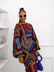 Plus Size Women's Geometric Print Dress - Casual Long Sleeve, Round Neck- Free Delivery Worldwide only at Flexi Africa