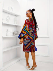 Plus Size Women's Geometric Print Dress - Casual Long Sleeve, Round Neck- Free Delivery Worldwide only at Flexi Africa