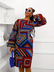 Plus Size Women's Geometric Print Dress - Casual Long Sleeve, Round Neck- Free Delivery Worldwide only at Flexi Africa