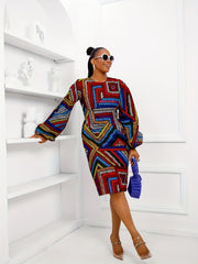 Plus Size Women's Geometric Print Dress - Casual Long Sleeve, Round Neck- Free Delivery Worldwide only at Flexi Africa