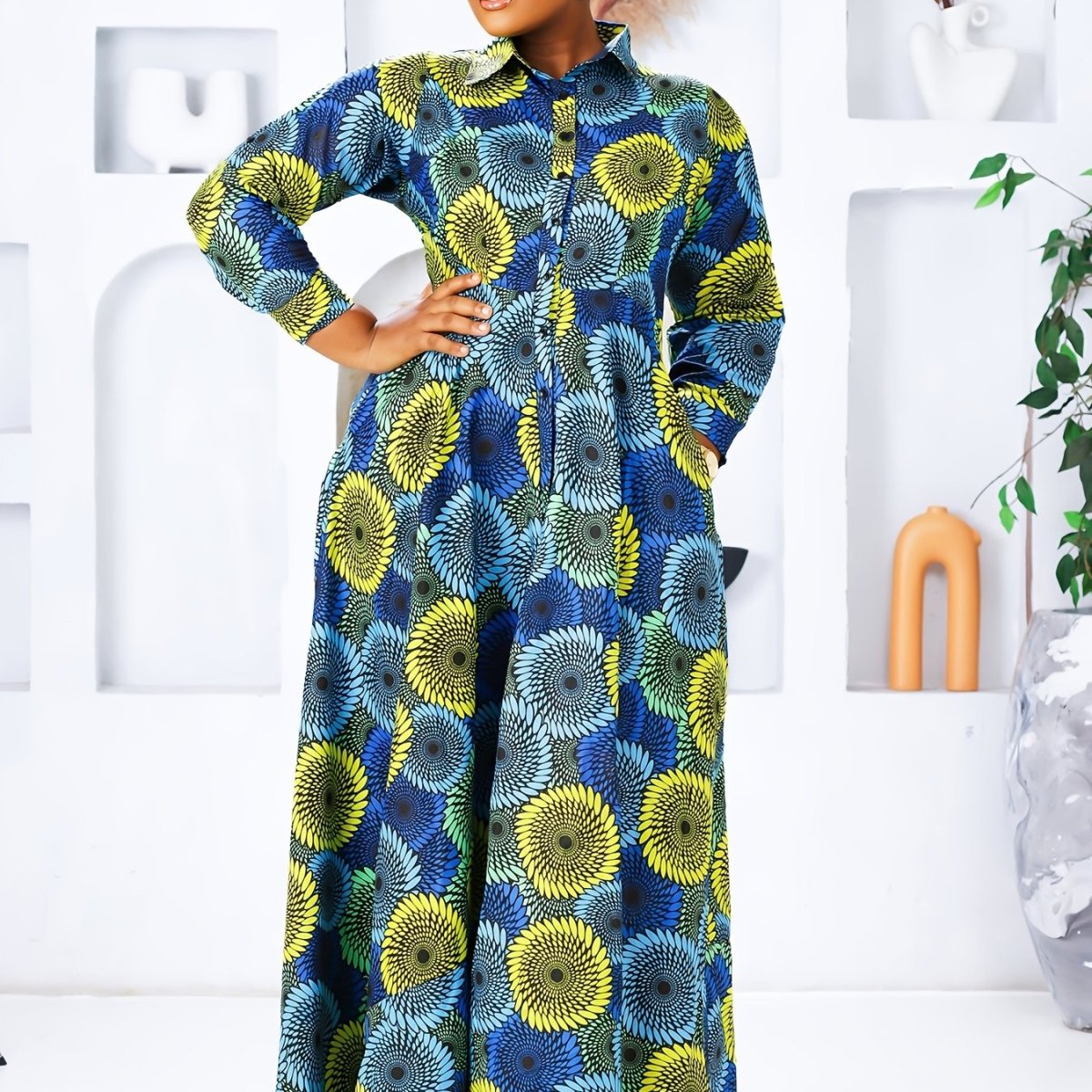 Plus Size Women's Geometric Print Casual Dress - Long Sleeve Collared Design with Button Detail, Spring & Fall - Free Delivery Worldwide only at Flexi Africa