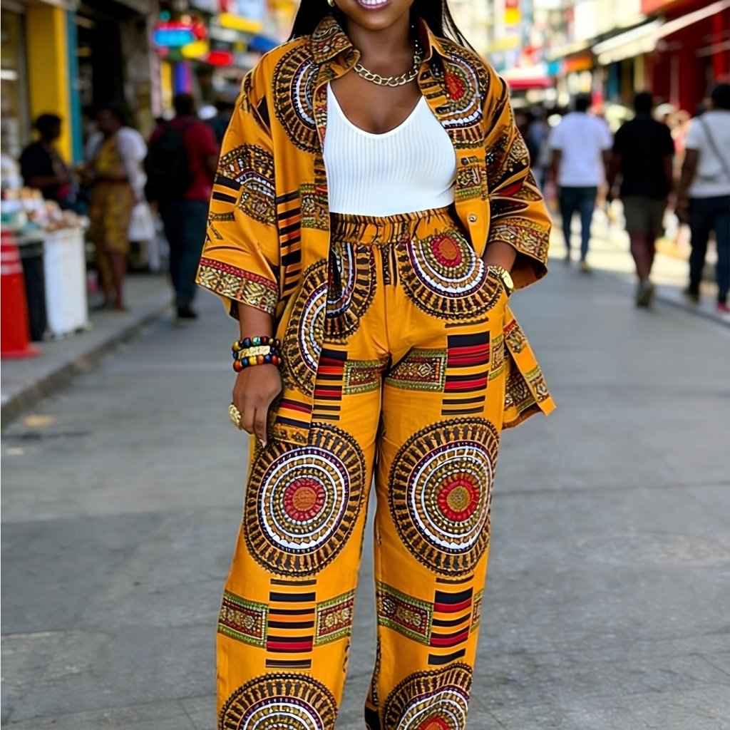 Plus Size Women’s Printed Suit Set (XL–8XL) – Casual Long Sleeve Top & Pants Outfit, Soft Stretch Fabric - Free Delivery Worldwide only at Flexi Africa