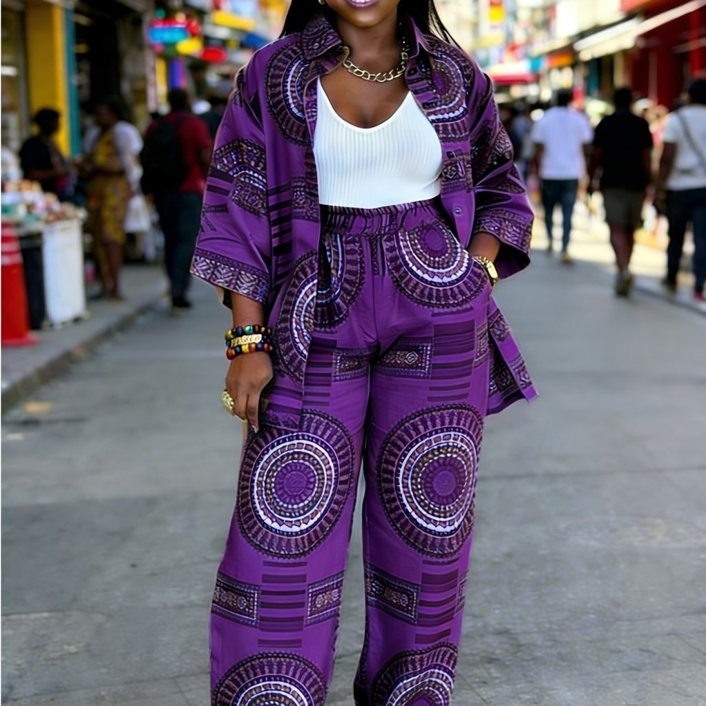 Plus Size Women’s Printed Suit Set (XL–8XL) – Casual Long Sleeve Top & Pants Outfit, Soft Stretch Fabric - Free Delivery Worldwide only at Flexi Africa