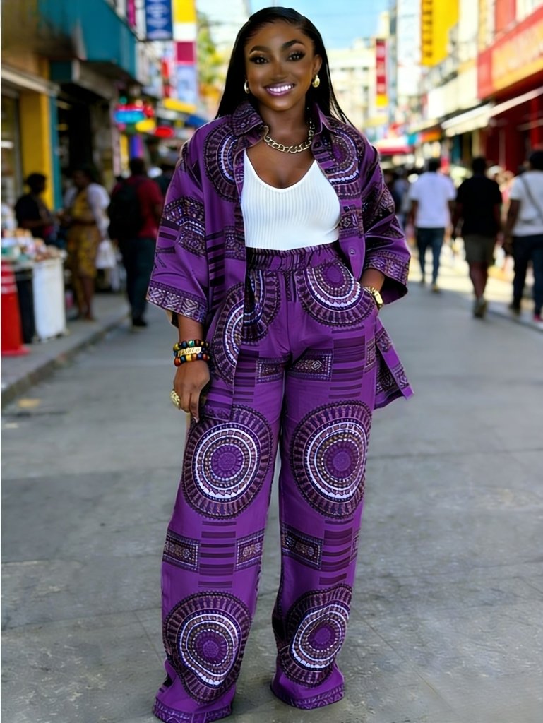 Plus Size Women’s Printed Suit Set (XL–8XL) – Casual Long Sleeve Top & Pants Outfit, Soft Stretch Fabric - Free Delivery Worldwide only at Flexi Africa