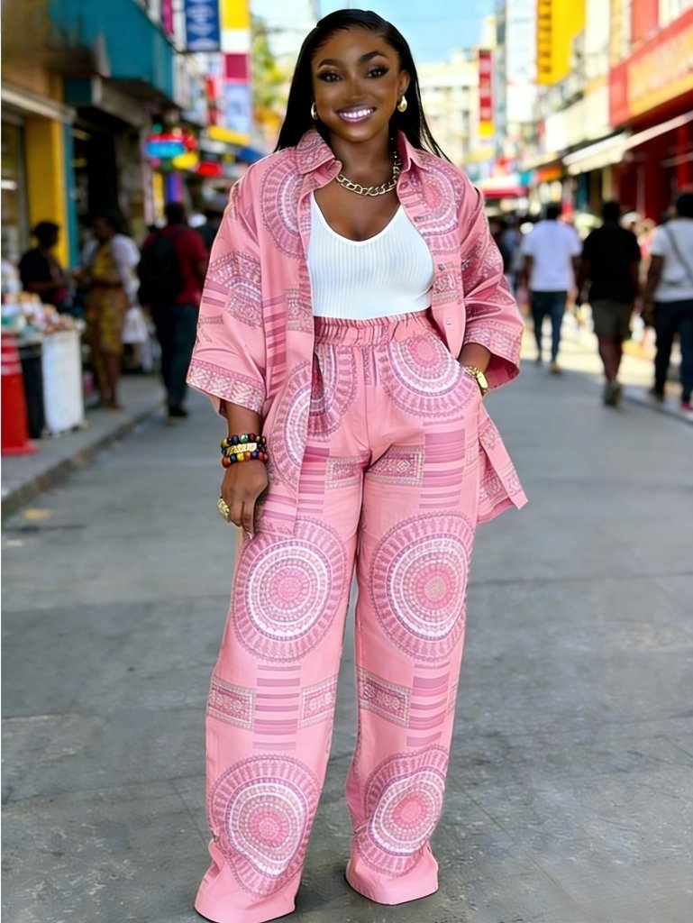 Plus Size Women’s Printed Suit Set (XL–8XL) – Casual Long Sleeve Top & Pants Outfit, Soft Stretch Fabric - Free Delivery Worldwide only at Flexi Africa