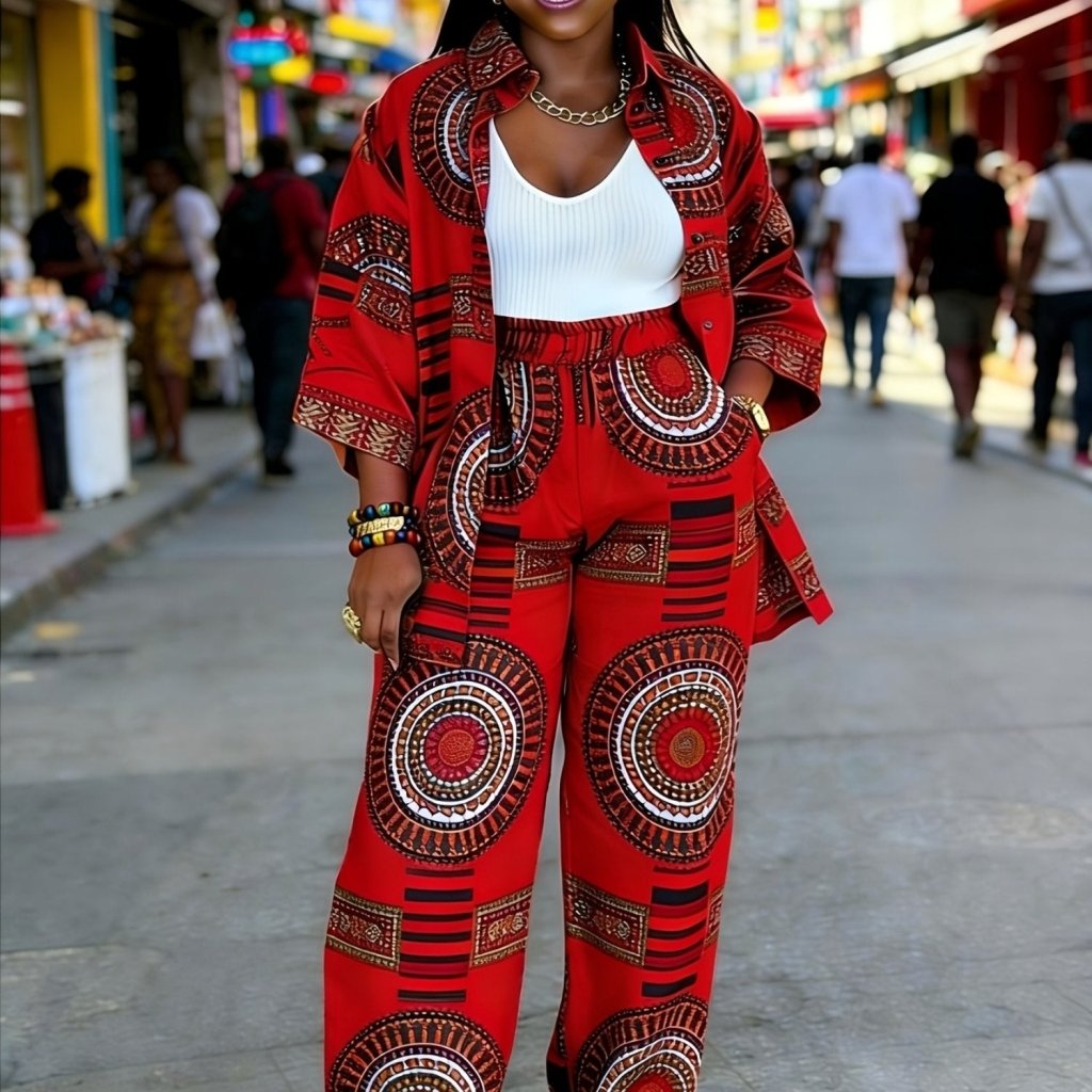 Plus Size Women’s Printed Suit Set (XL–8XL) – Casual Long Sleeve Top & Pants Outfit, Soft Stretch Fabric - Free Delivery Worldwide only at Flexi Africa