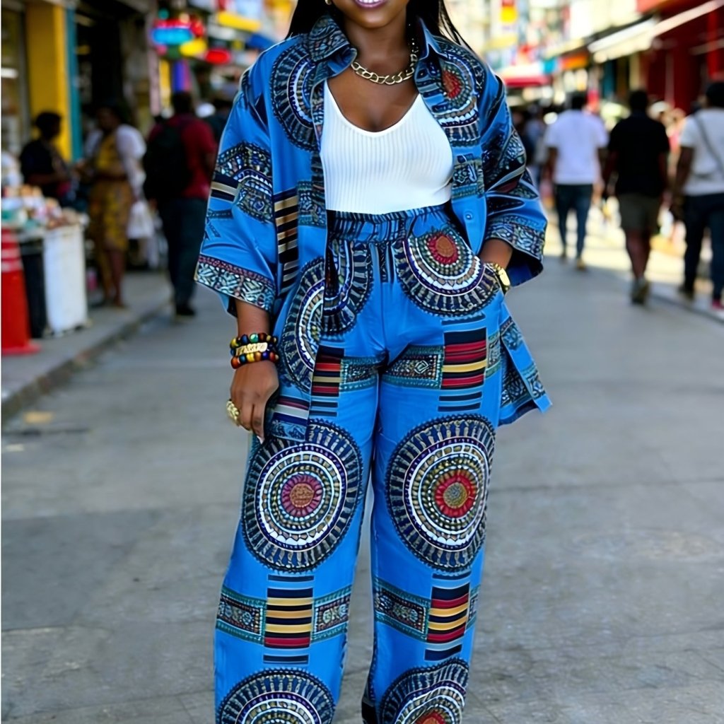 Plus Size Women’s Printed Suit Set (XL–8XL) – Casual Long Sleeve Top & Pants Outfit, Soft Stretch Fabric - Free Delivery Worldwide only at Flexi Africa