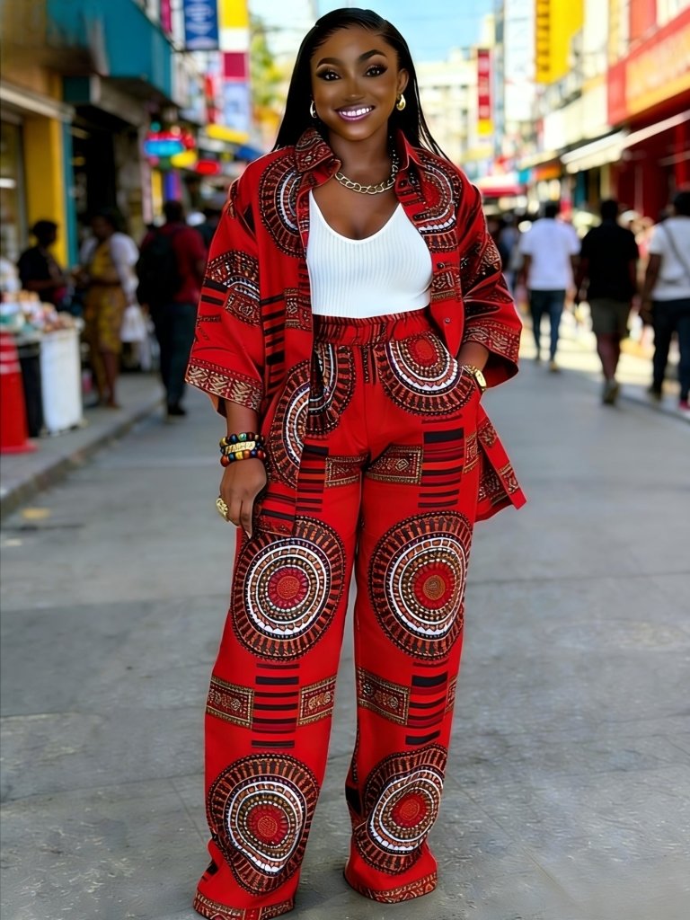 Plus Size Women’s Printed Suit Set (XL–8XL) – Casual Long Sleeve Top & Pants Outfit, Soft Stretch Fabric - Free Delivery Worldwide only at Flexi Africa