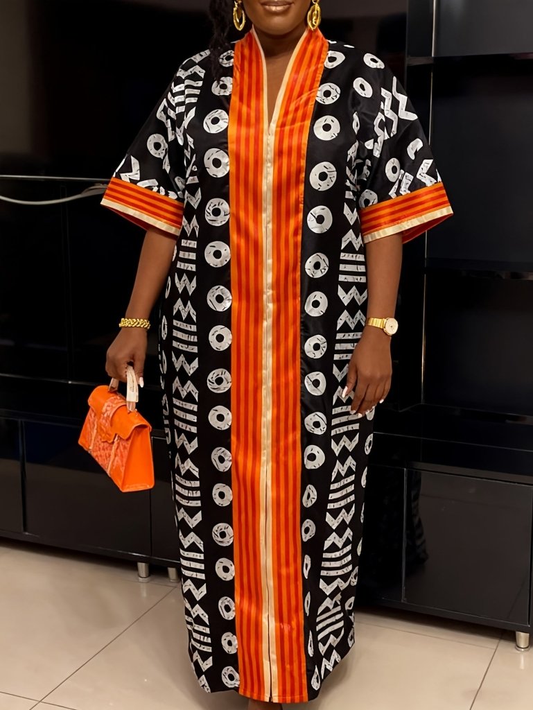 Plus Size Women’s V - Neck Maxi Dress – Bold Letter Print & Orange Geometric Pattern - Free Delivery Worldwide only at Flexi Africa