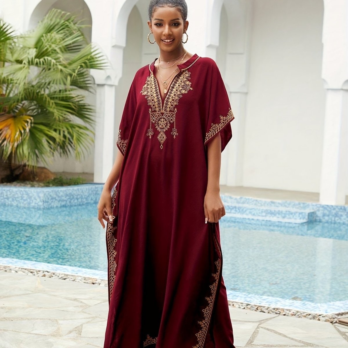 Ramadan Plus Size Boho Kaftan Dress - Golden Embroidered Sleeve Notched Neck Maxi Cover Up Dress - Free Delivery Worldwide