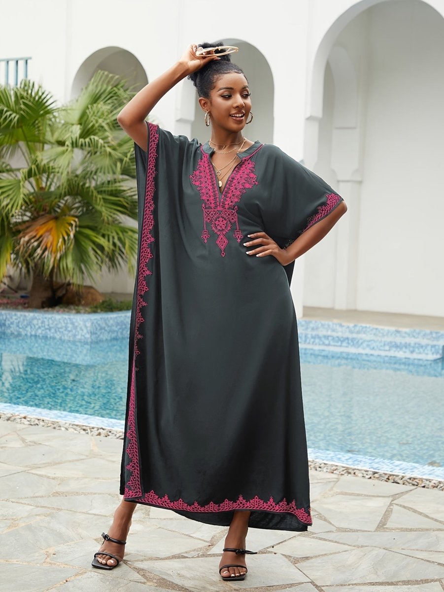 Ramadan Plus Size Boho Kaftan Dress - Golden Embroidered Sleeve Notched Neck Maxi Cover Up Dress - Free Delivery Worldwide