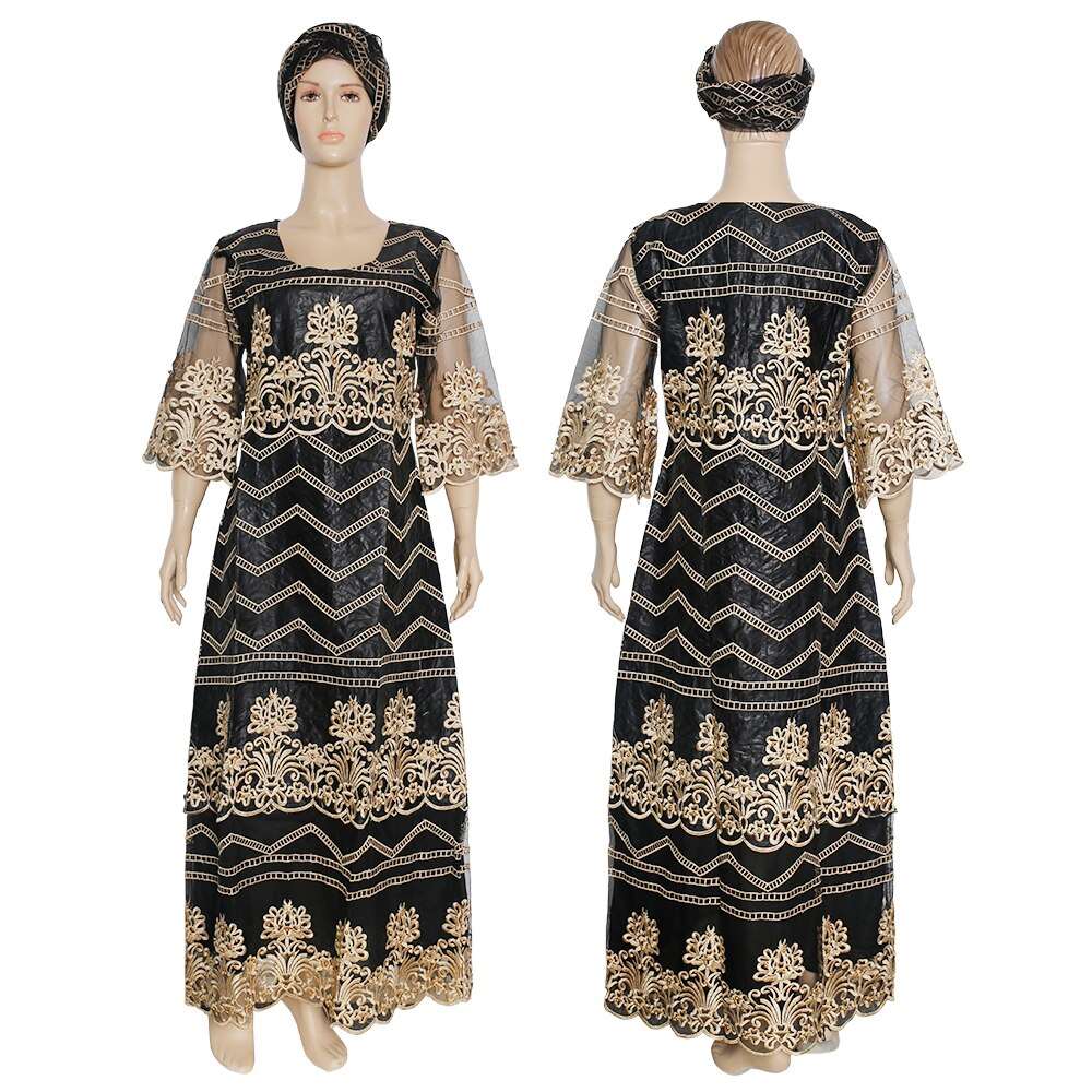 Refined Elegance: Embroidered Bazin Riche Long Dress for Women - Flexi Africa - Free Delivery www.flexiafrica.com