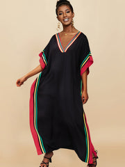 Striped Print V - Neck Batwing Sleeve Cover Up Dress, Side Split Loose Fit Black Elegant Beach Kaftan - Free Delivery Worldwide only at Flexi Africa