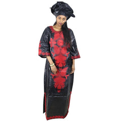 Stunning African Bazin Riche Embroidery Long Dress and Scarf Set for Women - Perfect for Formal Occasions - Flexi Africa