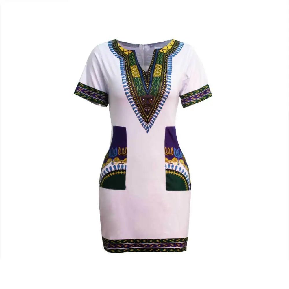Stylish African - Inspired Knee - Length Dress – Short Sleeve V - Neck for Women - Free Delivery Worldwide only at Flexi Africa
