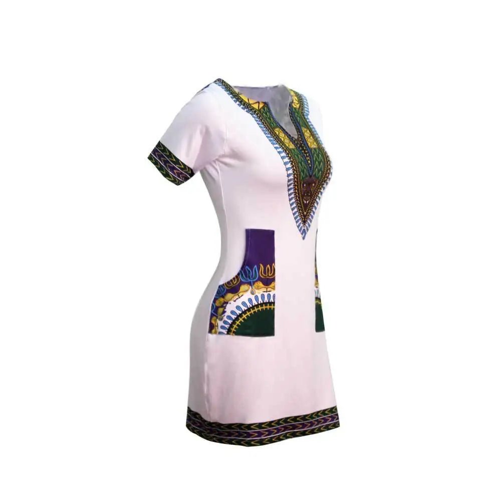 Stylish African - Inspired Knee - Length Dress – Short Sleeve V - Neck for Women - Free Delivery Worldwide only at Flexi Africa