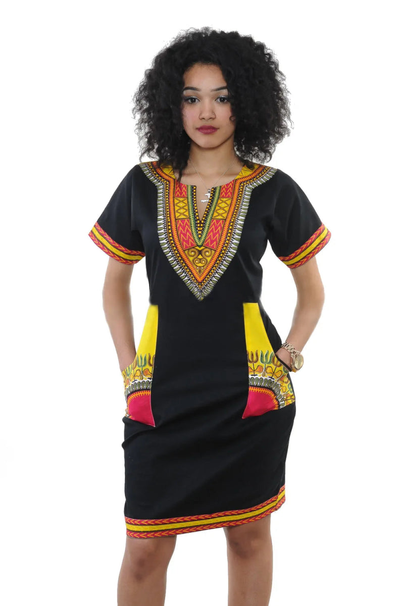 Stylish African - Inspired Knee - Length Dress – Short Sleeve V - Neck for Women - Free Delivery Worldwide only at Flexi Africa