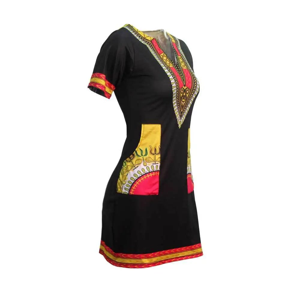 Stylish African - Inspired Knee - Length Dress – Short Sleeve V - Neck for Women - Free Delivery Worldwide only at Flexi Africa