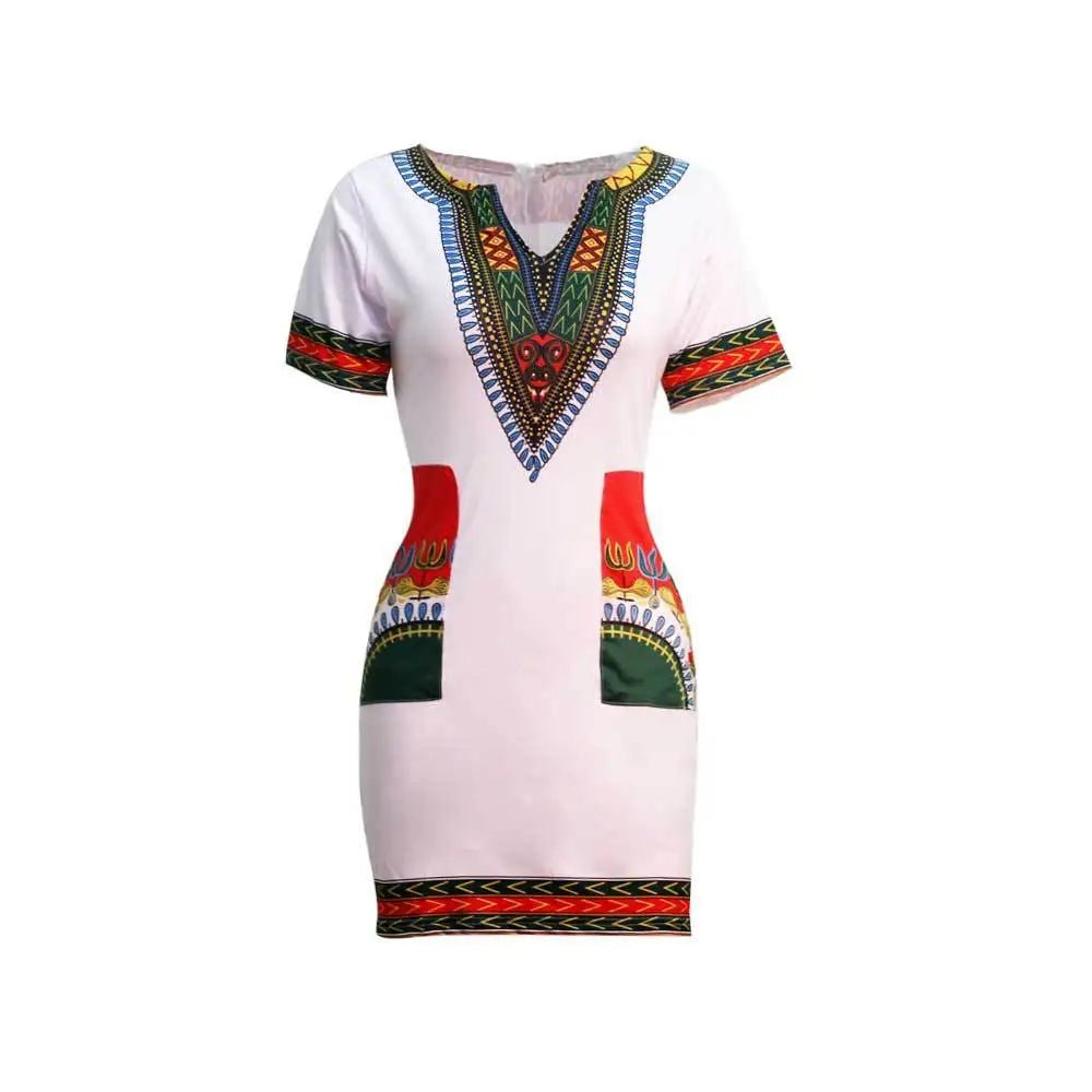 Stylish African - Inspired Knee - Length Dress – Short Sleeve V - Neck for Women - Free Delivery Worldwide only at Flexi Africa