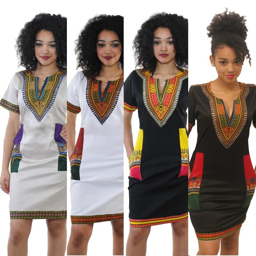 Stylish African - Inspired Knee - Length Dress – Short Sleeve V - Neck for Women - Free Delivery Worldwide only at Flexi Africa