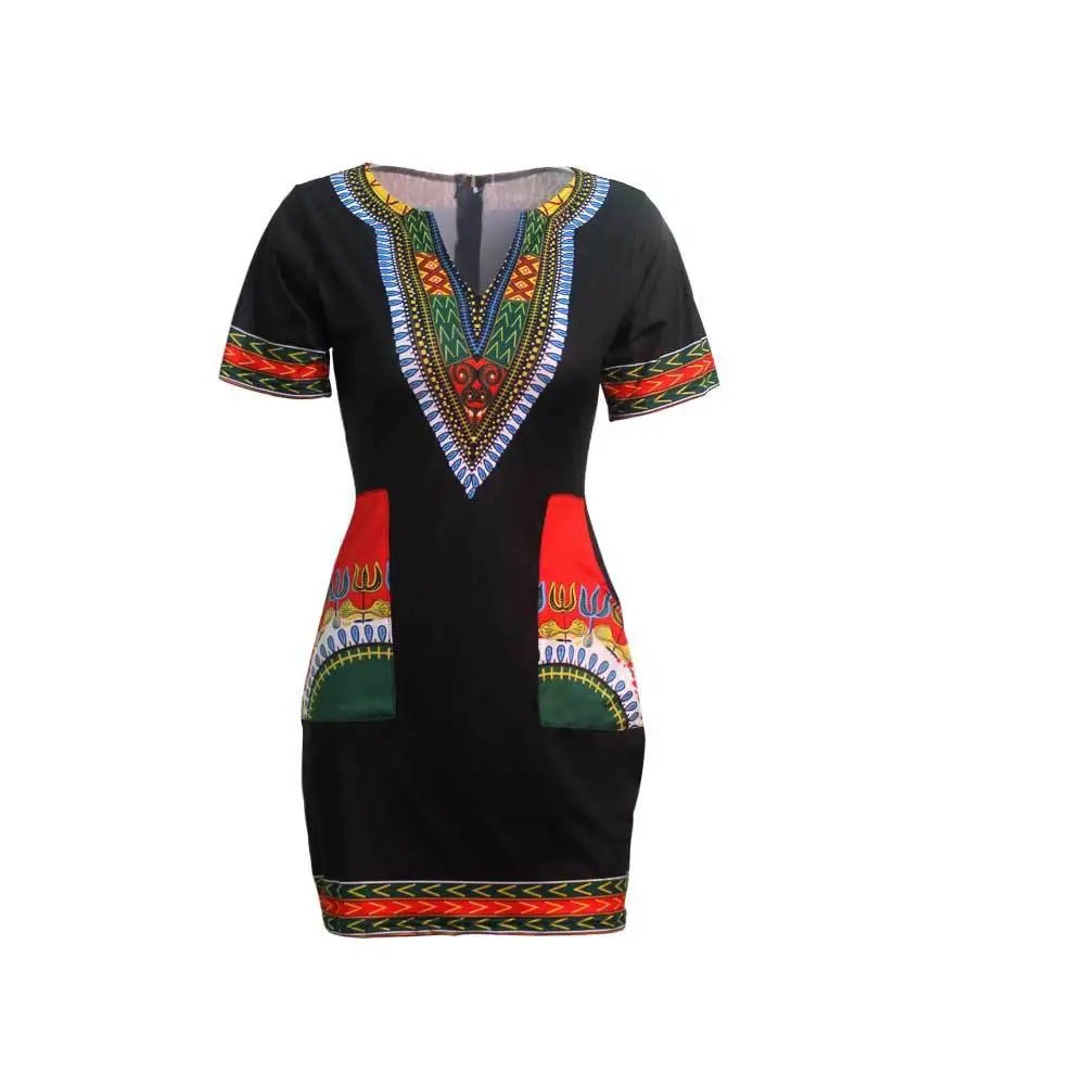 Stylish African - Inspired Knee - Length Dress – Short Sleeve V - Neck for Women - Free Delivery Worldwide only at Flexi Africa