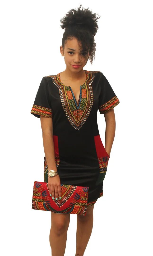 Stylish African - Inspired Knee - Length Dress – Short Sleeve V - Neck for Women - Free Delivery Worldwide only at Flexi Africa