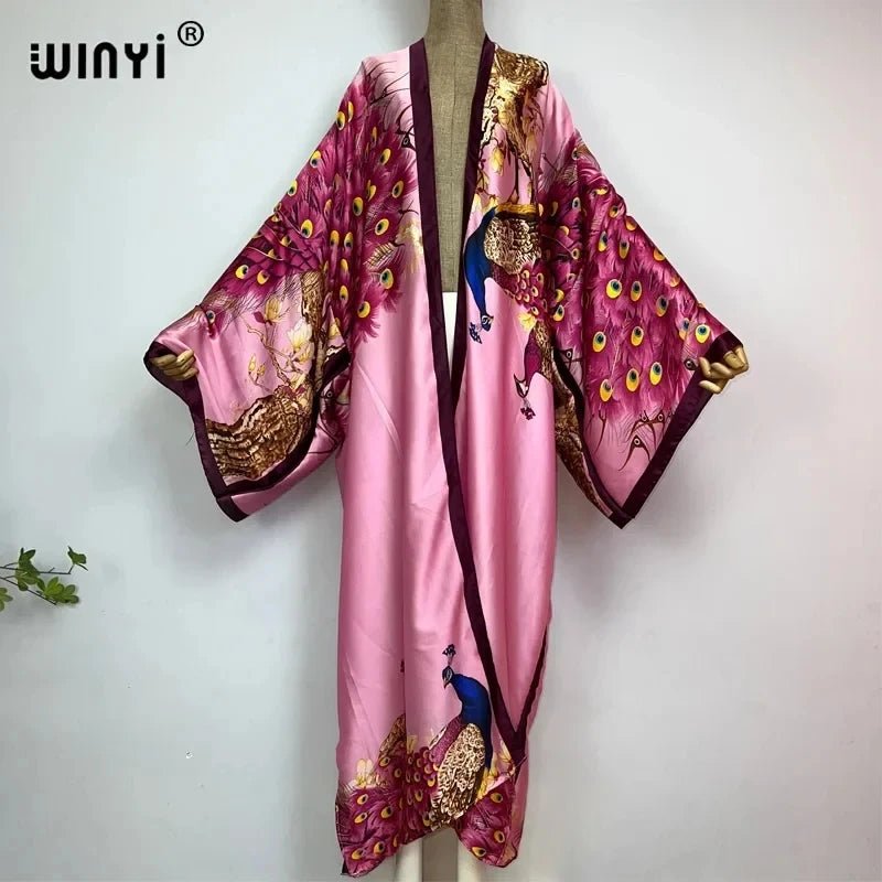 Summer Classic Peacock Print African Women Cardigan – Sexy Boho Maxi Long Sleeve Kaftan Dress - Free Delivery Worldwide only at Flexi Africa