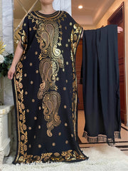 Summer Kaftan Dress with Oversized Scarf – Loose Fit Abaya for Women, African - Inspired Casual Maxi with Gold Stamping - Free Delivery Worldwide only at Flexi Africa