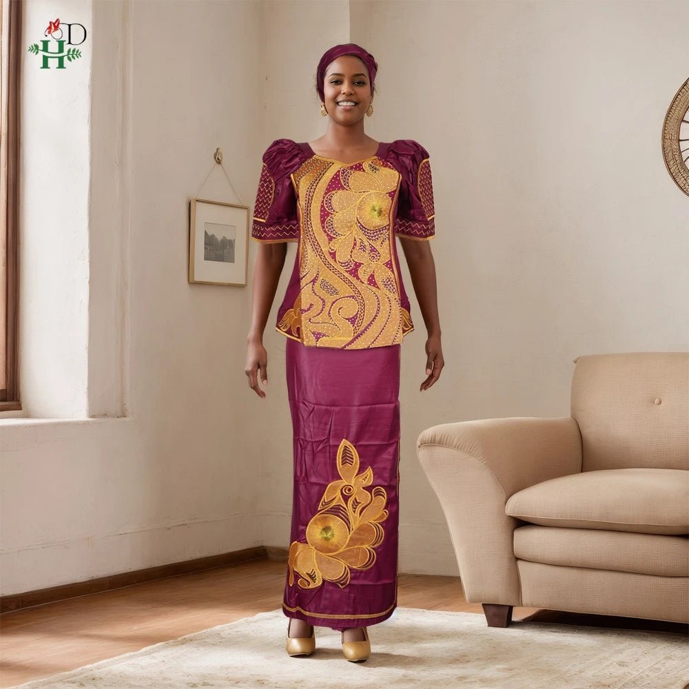 Traditional African Bazin Dress for Women – Embroidered Robe, Elegant Wedding & Party Attire - Free Delivery Worldwide only at Flexi Africa