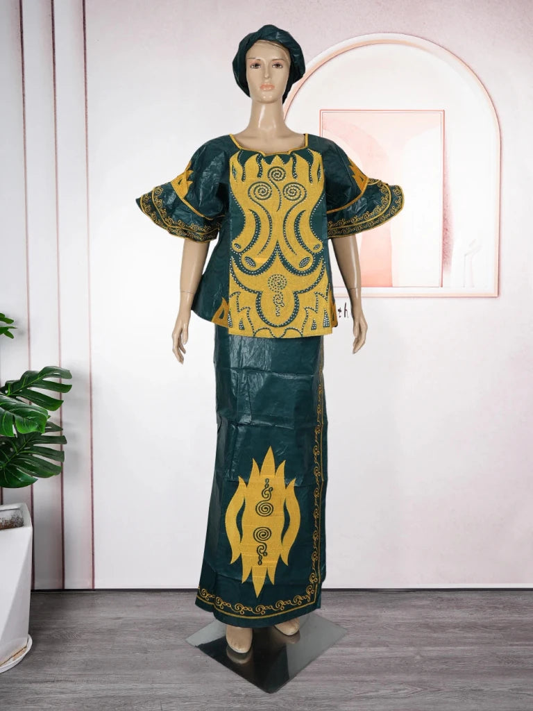 Traditional African Bazin Dress for Women – Embroidered Robe, Elegant Wedding & Party Attire - Free Delivery Worldwide only at Flexi Africa