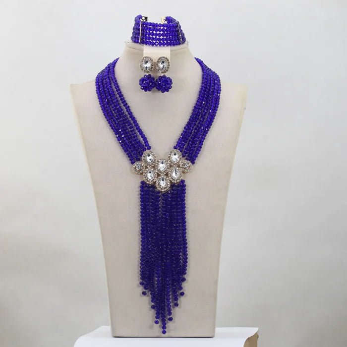 Trendy Blue Crystal Jewelry Set – Long Beaded Necklace for Women, African Bridal Wedding Jewelry - Free Delivery Worldwide only at Flexi Africa