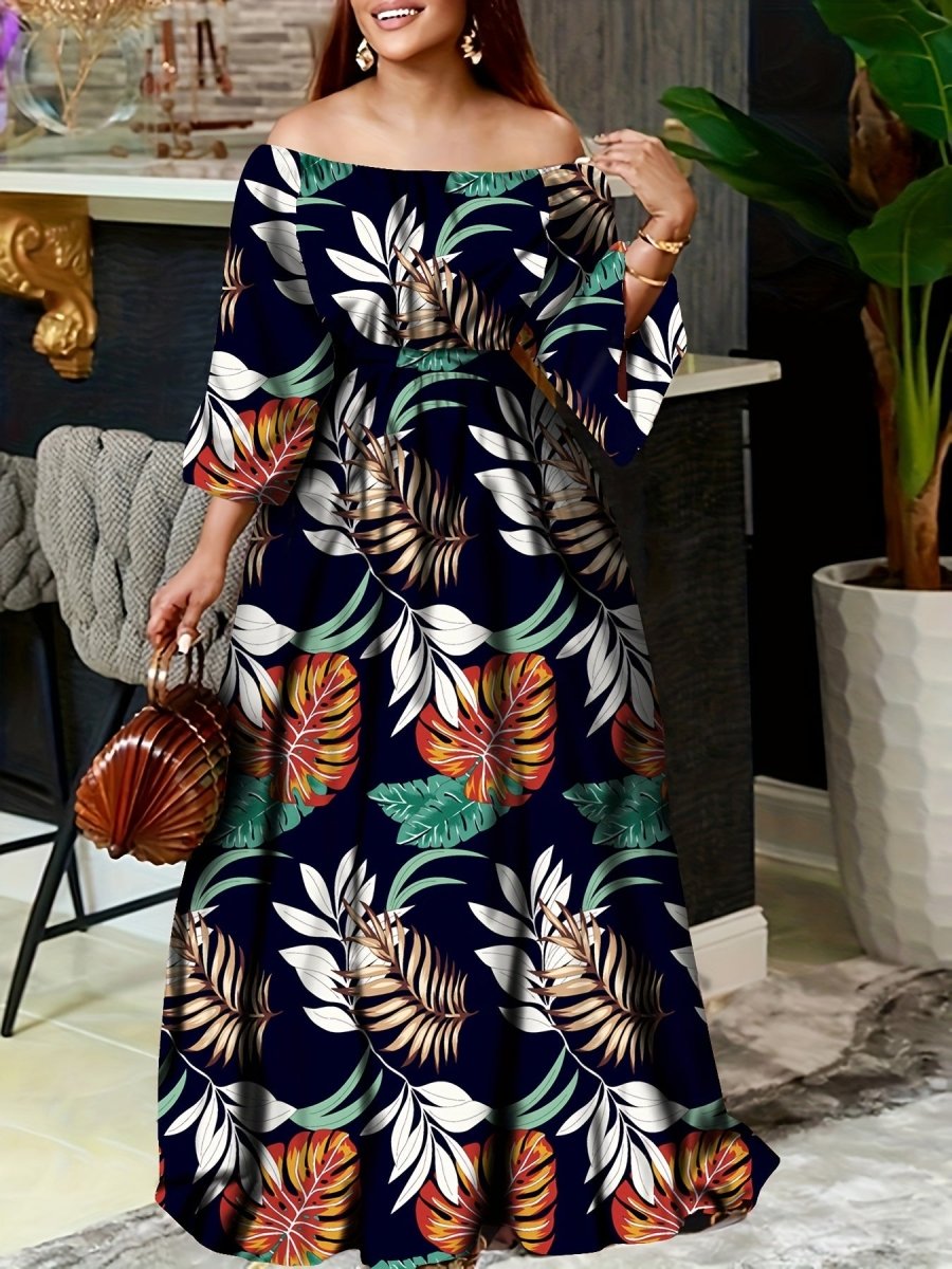 Tribal Print Off - Shoulder Belted Dress – Vintage Ruffle Hem Swing A - Line with Lantern Sleeves, Women's Fashion - Free Delivery Worldwide only at Flexi Africa