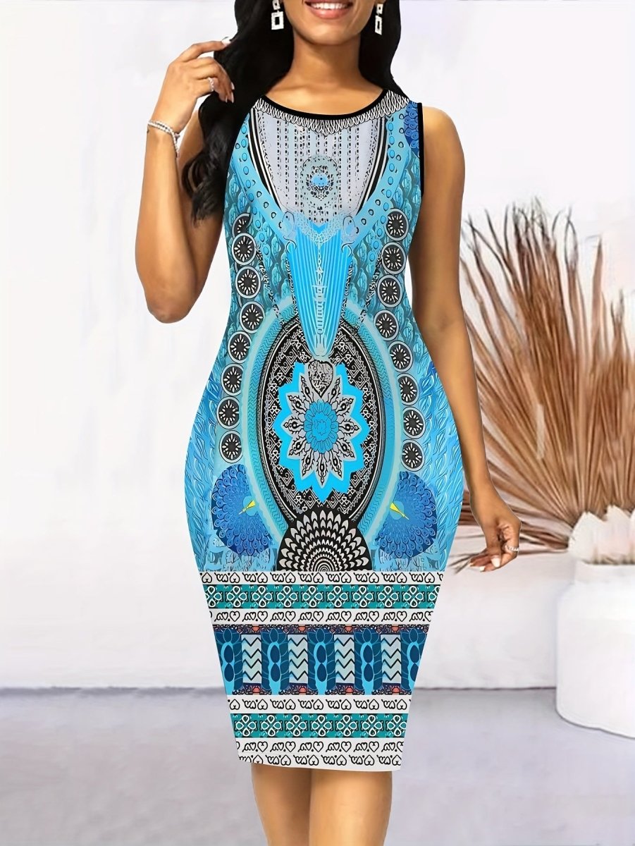 Vibrant Graphic Print Crew Neck Tank Dress - Sleeveless Bodycon Fit for a Flattering Silhouette - Free Delivery Worldwide