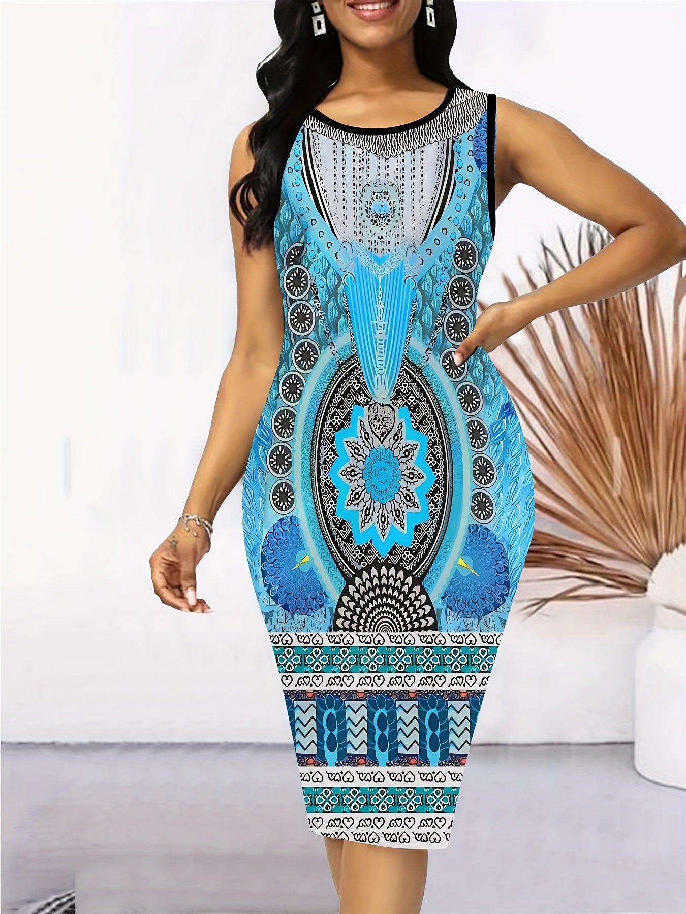 Vibrant Graphic Print Crew Neck Tank Dress - Sleeveless Bodycon Fit for a Flattering Silhouette - Free Delivery Worldwide only at Flexi Africa