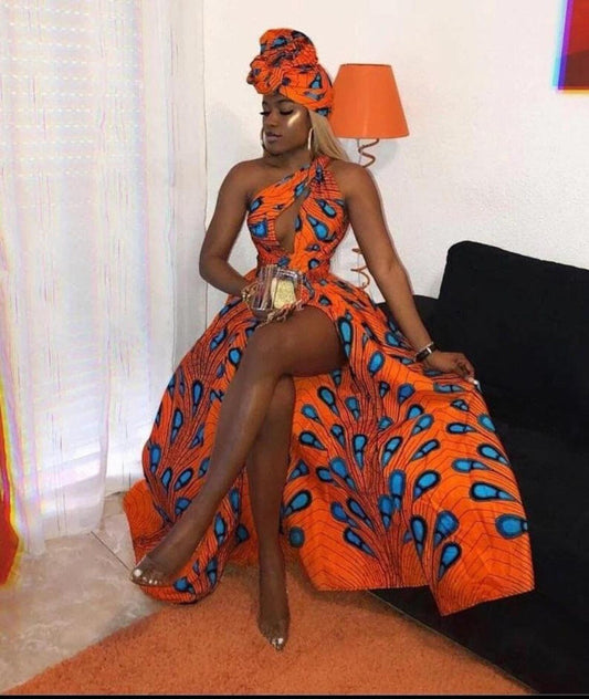 Vibrant Orange and Blue African Ankara Print Plus Size Maxi Dress: Complete Party Ensemble with Free Headwrap and Nose Mask