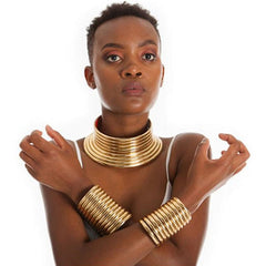 Vintage Gold Statement Choker Necklace Set - Leather African Jewelry with Torques Collar and Maxi Pendant - Flexi Africa
