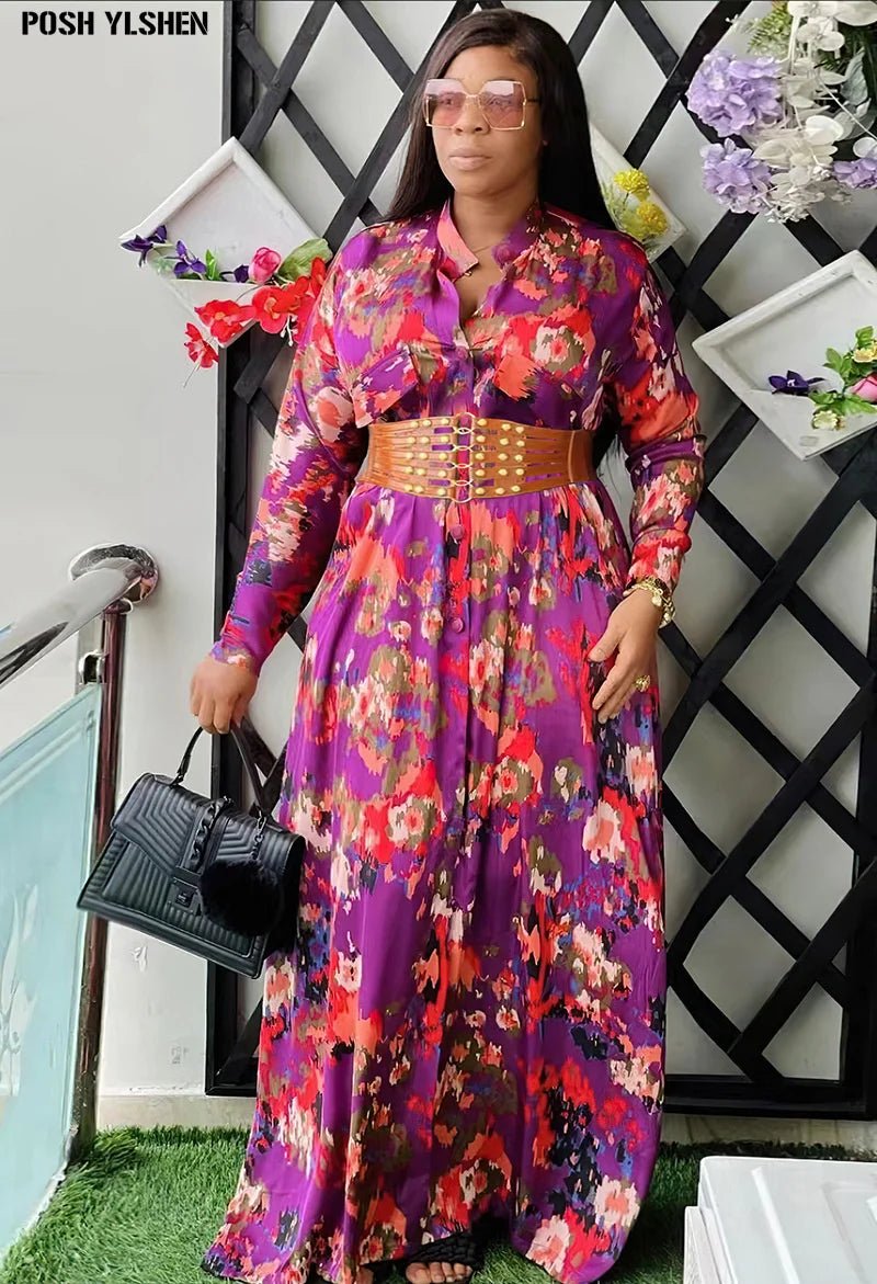 Wide Belt African Long Dresses for Women 2023 Traditional Nigeria Flower Print Caftan Dress Abaya Musulman Robe Femme Clothes - Free Delivery Worldwide only at Flexi Africa