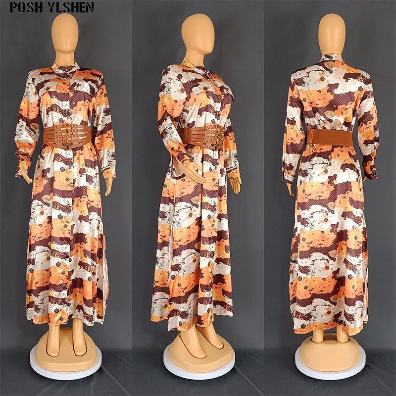 Wide Belt African Long Dresses for Women 2023 Traditional Nigeria Flower Print Caftan Dress Abaya Musulman Robe Femme Clothes - Free Delivery Worldwide only at Flexi Africa