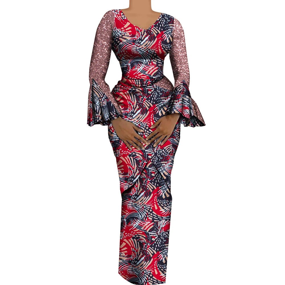 Women's African Outfits 2 Pieces Set Shiny Flare Sleeves V Neck Tops and Long Pencil Skirts African Clothes for Women