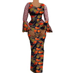 Women's African Outfits 2 Pieces Set Shiny Flare Sleeves V Neck Tops and Long Pencil Skirts African Clothes for Women