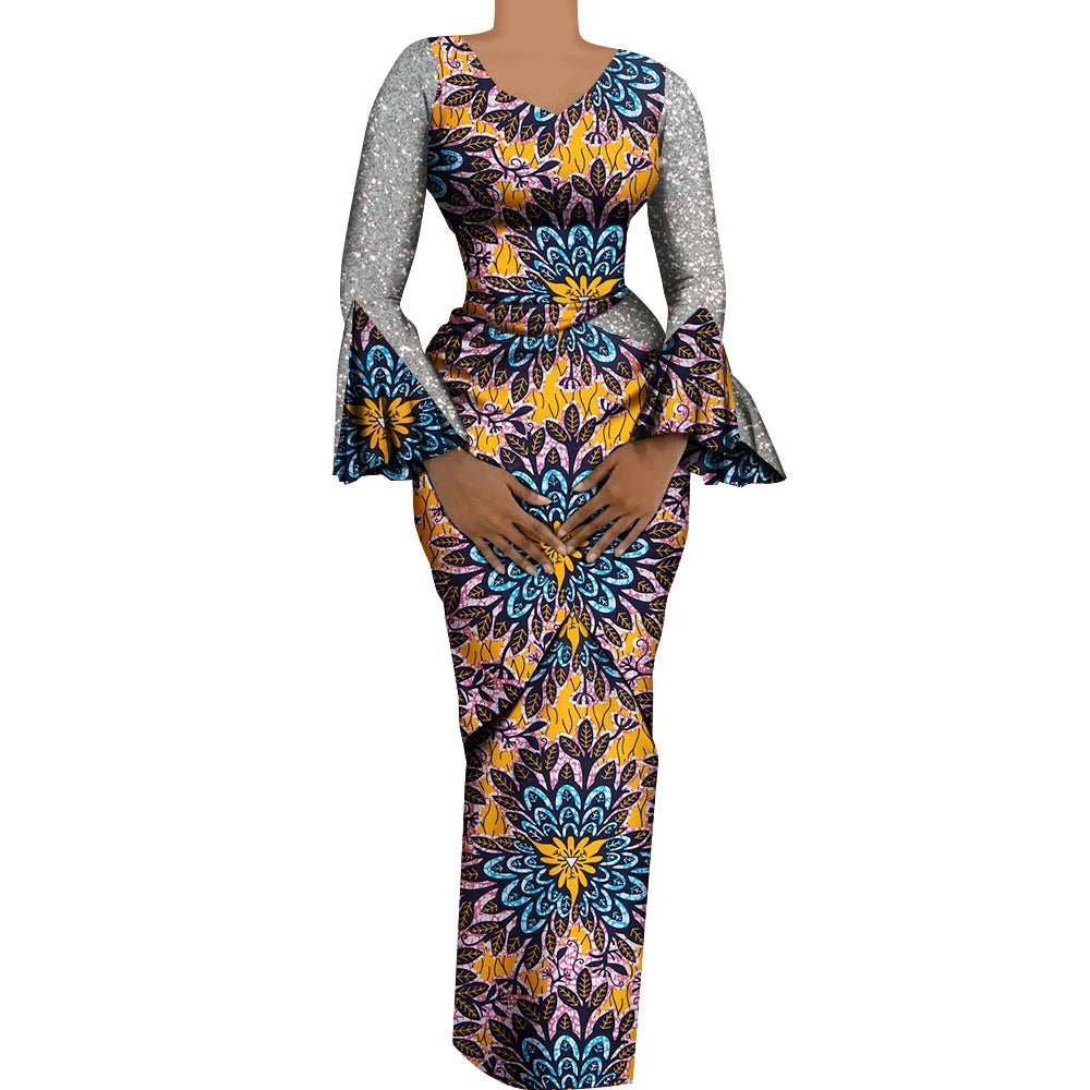 Women African Outfits 2 Pieces Set Shiny Flare Sleeves V Neck Tops and Long Pencil Skirts African Clothes for Women WY9972 - Free Delivery Worldwide only at Flexi Africa