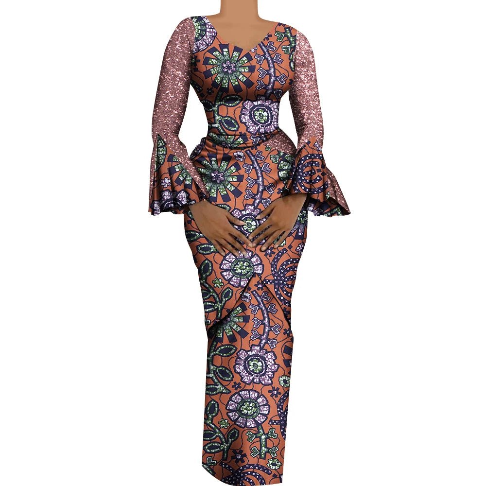 Women African Outfits 2 Pieces Set Shiny Flare Sleeves V Neck Tops and Long Pencil Skirts African Clothes for Women WY9972 - Free Delivery Worldwide only at Flexi Africa