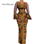 Women's African Outfits 2 Pieces Set Shiny Flare Sleeves V Neck Tops and Long Pencil Skirts African Clothes for Women