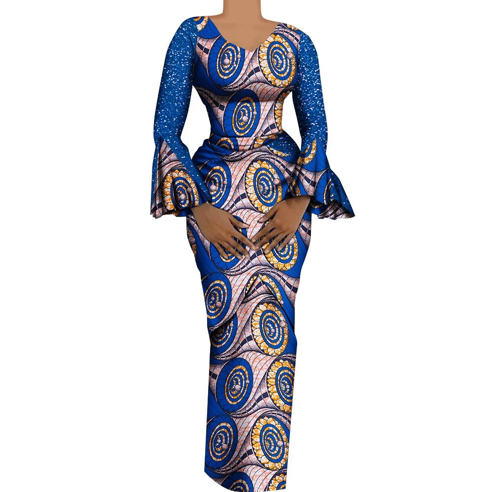Women African Outfits 2 Pieces Set Shiny Flare Sleeves V Neck Tops and Long Pencil Skirts African Clothes for Women WY9972 - Free Delivery Worldwide only at Flexi Africa