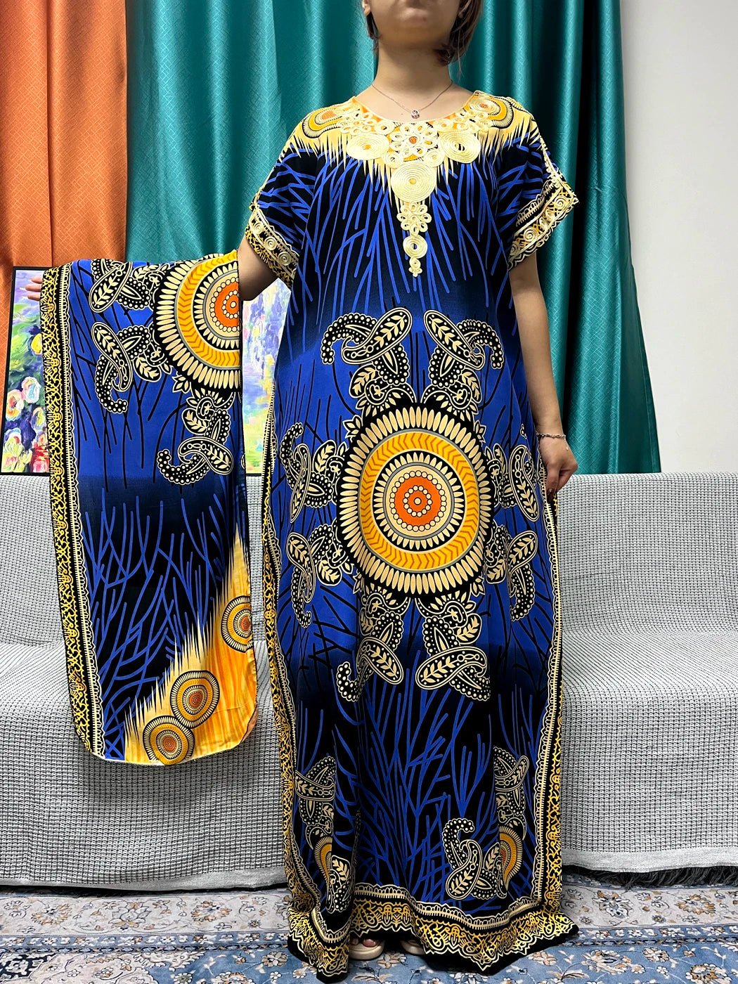 Women Print Appliques Cotton Traditional Kanga Clothing Loose Femme Robe African Nigeria Dresses With Turban - Flexi Africa