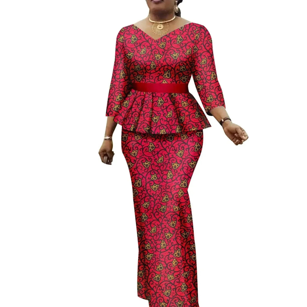 Women’s African Ankara 2PC Set Crop Top Maxi Skirt Belted Traditional Outfit - Free Delivery Worldwide only at Flexi Africa